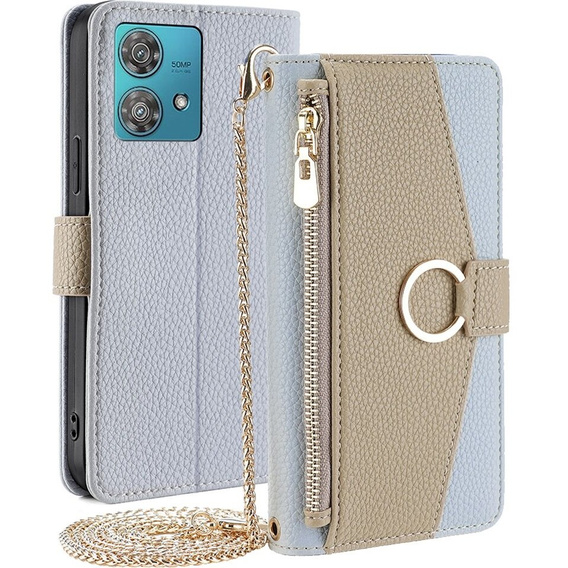 Etui z klapką do Motorola Edge 40 Neo 5G, Wallet Zipper Pocket, z lusterkiem, niebieskie