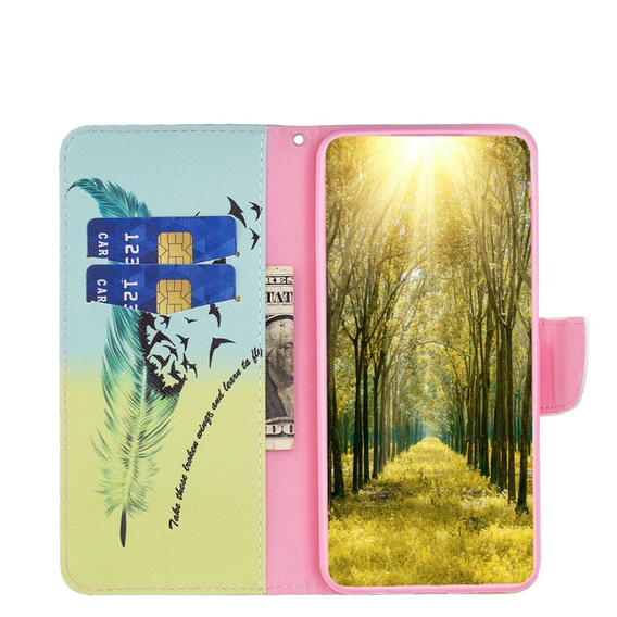 Etui z klapką do Oppo A79 5G, Wallet, Feather niebieskie / żółte