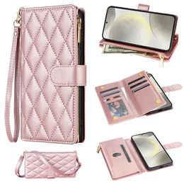 Etui z klapką do Samsung Galaxy S25 Edge, Rhombus Crossbody, różowe rose gold