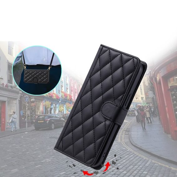 Etui z klapką do Samsung Galaxy S25, Rhombus Crossbody Leather, czarne