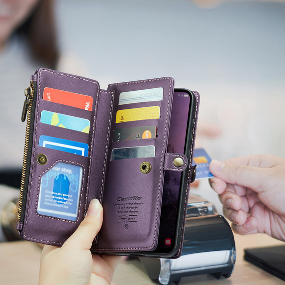 Etui portfelowe z zamkiem i paskami do Samsung Galaxy A17 5G - fioletowe