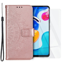 Zestaw Etui z klapką do Xiaomi Redmi Note 11/11S, Mandala, Różowe + szkło