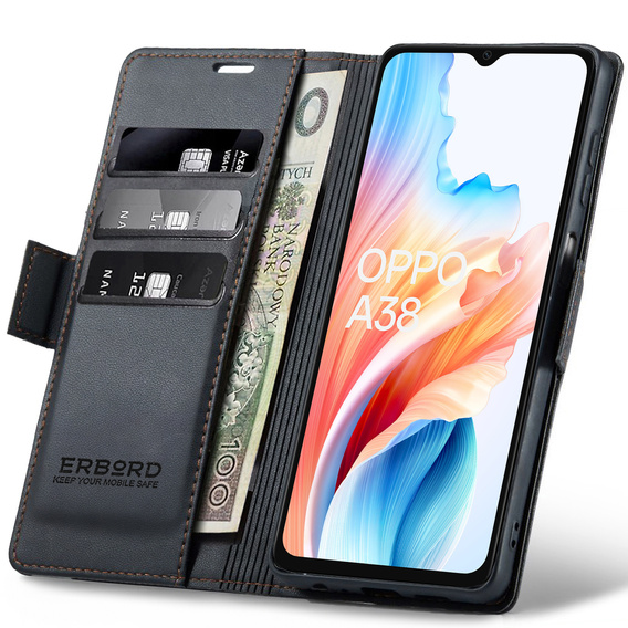 Etui do Oppo A18 4G / A38 4G, ERBORD Glossy Litchi, portfel z klapką, czarne