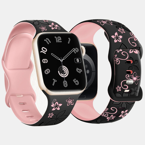 Pasek Silikonowy do Apple Watch 1/2/3/4/5/6/7/8/9/10/11/SE 38/40/41/42mm, Floral, Czarny / Różowy