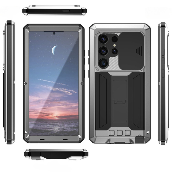 Etui pancerne do Samsung Galaxy S25 Ultra, R-JUST, z przesłoną aparatu i podstawką, srebrne
