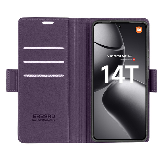 Etui do Xiaomi 14T Pro, ERBORD Glossy Litchi, portfel z klapką, fioletowe