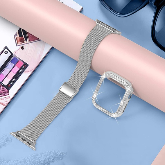 Bransoleta + Etui z Diamentami do Apple Watch 4/5/6/SE 44mm, Srebrna