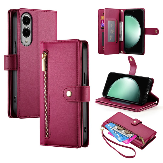 Etui z klapką do Samsung Galaxy S25 Edge, Wallet Zipper Pocket, czerwone