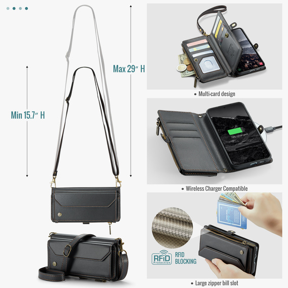 Etui CASEME do Samsung Galaxy S25 FE, RFID Leather Wallet, z paskiem na ramię, czarne