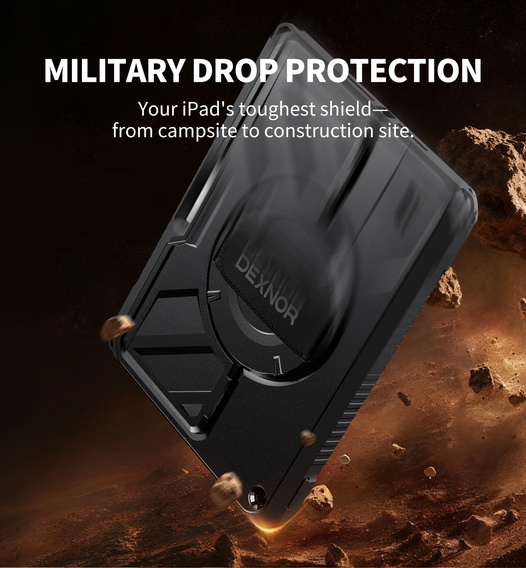 Etui Dexnor 360° do iPad 10.2" 2021/2020/2019 (9/8/7 gen.), z paskiem i miejscem na rysik - czarne