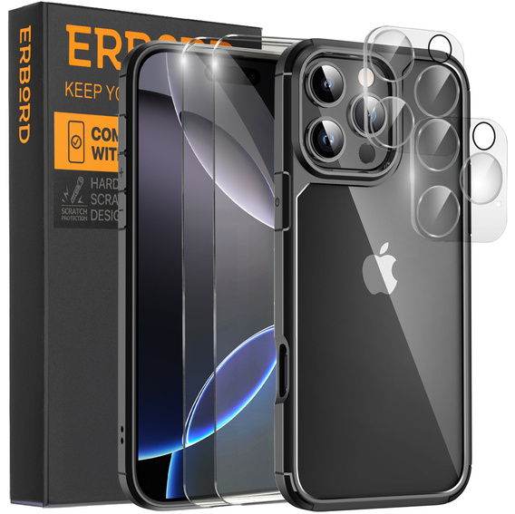 Etui do iPhone 16 Pro, ERBORD Hybrid, przezroczyste / czarne + 2x Szkło na ekran + 2x Szkło na aparat