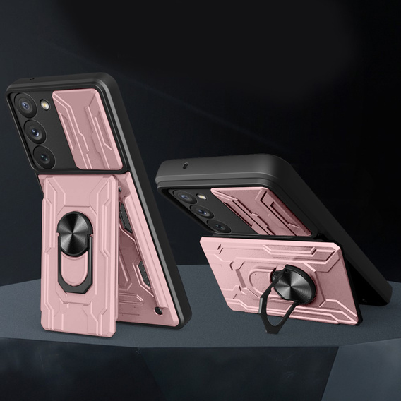 Etui pancerne do Samsung Galaxy S23, Camera Slide Card Slot, różowe rose gold