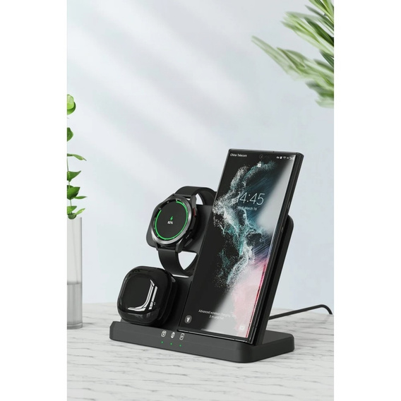 Ładowarka Bezprzewodowa Indukcyjna 3w1 QI Szybka do Samsung S25 S24 S23 Galaxy Watch Buds Stacja czarna