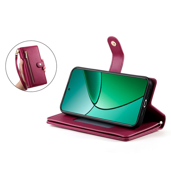 Etui z klapką do Realme 14 Pro 5G, Wallet Zipper Pocket, czerwone