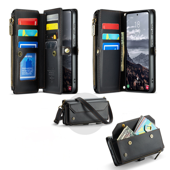 Etui CASEME do Samsung Galaxy S25 FE, RFID Leather Wallet, z paskiem na ramię, czarne