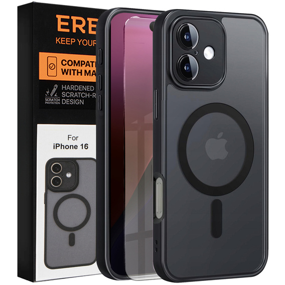 Zestaw Etui do iPhone 16, do MagSafe, ERBORD Matt Case, czarny + 3x Szkło na ekran