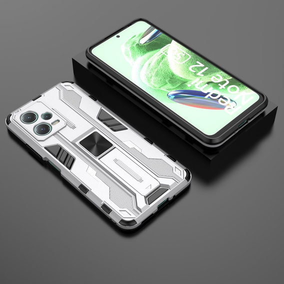 Etui do Xiaomi Redmi Note 12 5G / POCO X5 5G, pancerne z podstawką i ochroną aparatu, srebrne