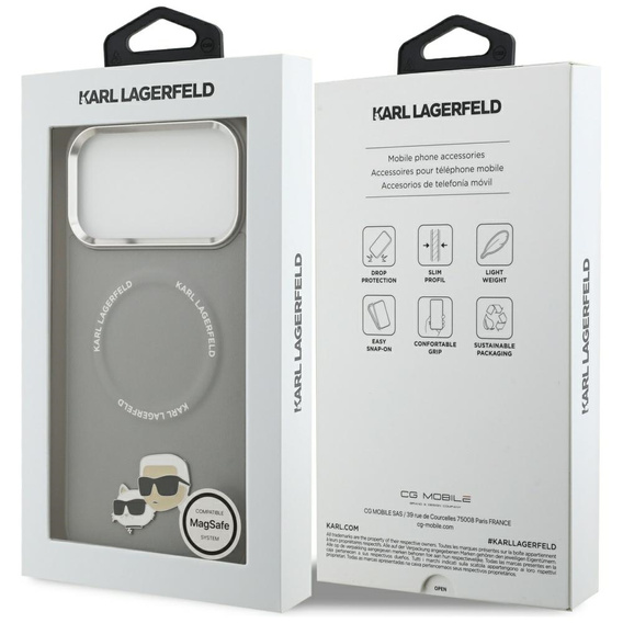 Etui Karl Lagerfeld do iPhone 17 Pro, Karl & Choupette Pins MagSafe, szare