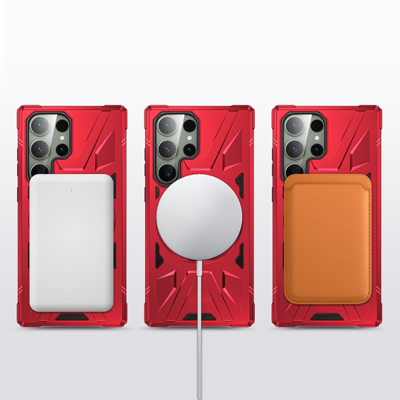 Etui do Samsung Galaxy S24 Ultra, pancerne z podstawką i blaszką do uchwytu, czerwone