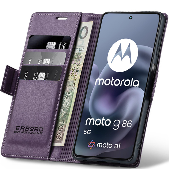 Magnetyczne zamknięcie i podstawka w etui ERBORD Glossy Litchi do Motorola Moto G86 5G
