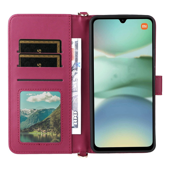 Etui z klapką do Xiaomi Redmi A5, Crossbody Leather Wallet, bordowe