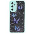 Etui do Samsung Galaxy A54 5G, Glitter butterflies, z ochroną aparatu, przezroczyste z niebieską ramką