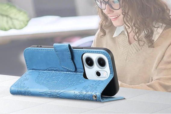 Etui z klapką do Oppo Reno 14 F / 14 FS, z wytłoczonym wzorem motyla, niebieskie