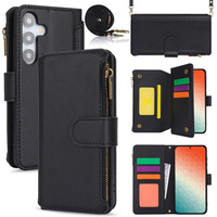 Etui z klapką do Samsung Galaxy S24, Wallet Zipper Pocket RFID, z paskiem na ramię, czarne