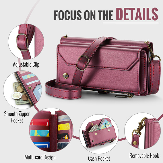 Etui CASEME do Samsung Galaxy S25 FE, RFID Leather Wallet, z paskiem na ramię, czerwone