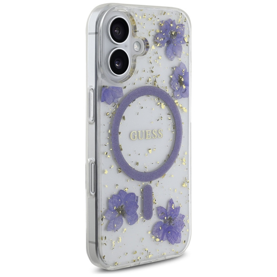 Etui GUESS do iPhone 16, Resin Flowers and Glitter, do MagSafe, fioletowe