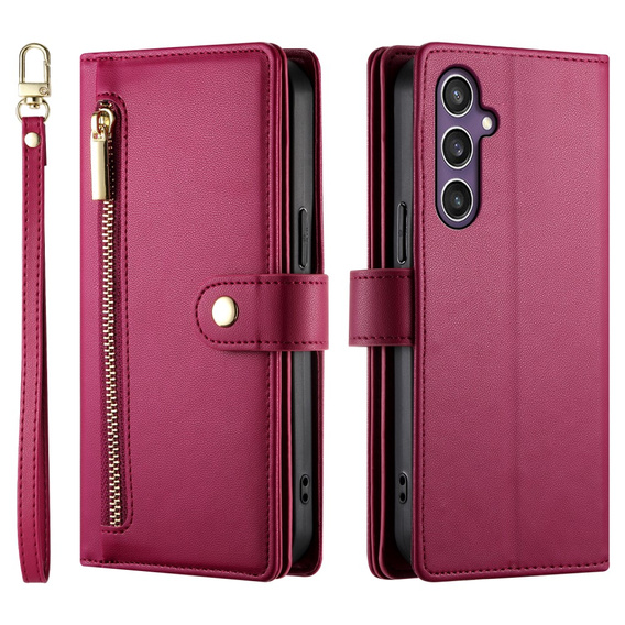 Etui z klapką do Samsung Galaxy S25, Wallet Zipper Pocket, czerwone