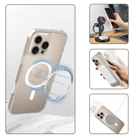 Etui ERBORD z MagSafe do iPhone 16 Pro Max, aktywny przycisk, przezroczyste + Szkło hartowane