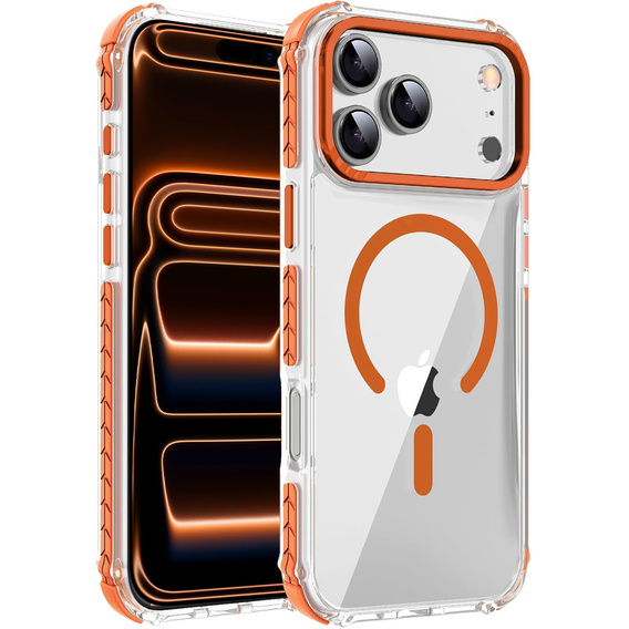 Etui pancerne do iPhone 17 Pro Max, do MagSafe, przezroczyste z pomarańczową ramką