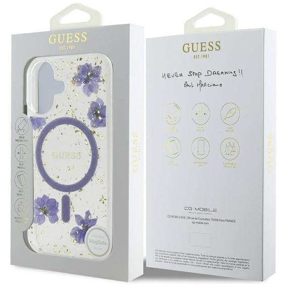 Etui GUESS do iPhone 16, Resin Flowers and Glitter, do MagSafe, fioletowe