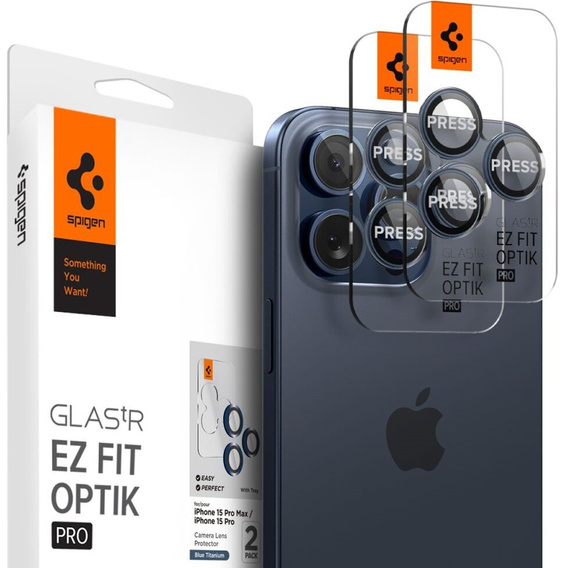 2x Spigen OPTIK.TR "EZ FIT", Szkło Hartowane na Aparat do iPhone 15 Pro / Pro Max / 14 Pro / Pro Max, Granatowe