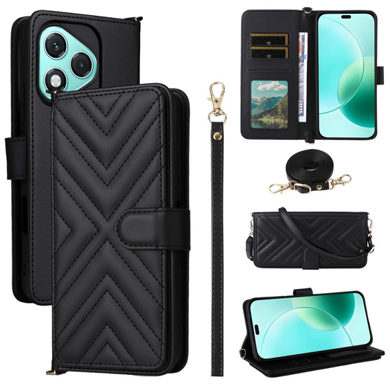 Etui portfelowe do Honor 400 Lite – czarne, z paskiem na ramię i nadgarstek, funkcją podstawki