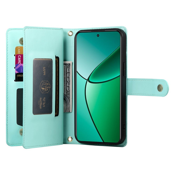 Etui z klapką do Oppo Reno 13F 5G, Wallet Zipper Pocket, miętowe