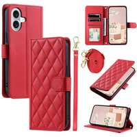 Etui z klapką do iPhone 16 Plus, Rhombus Crossbody Leather, czerwone