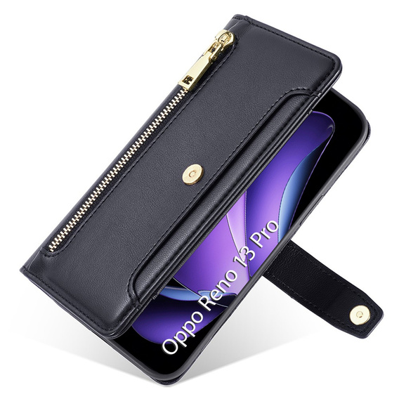 Etui z klapką do Oppo Reno 13 Pro, Wallet Zipper Pocket, czarne