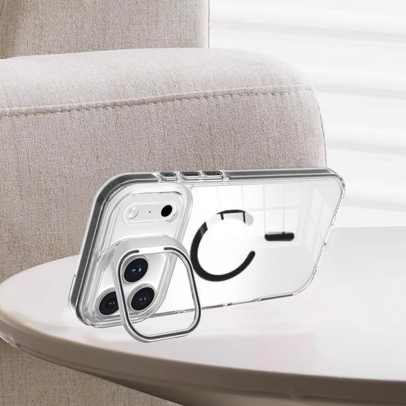 Etui do iPhone 17 Pro Max, do MagSafe, z podstawką, przezroczyste z czarnymi akcentami