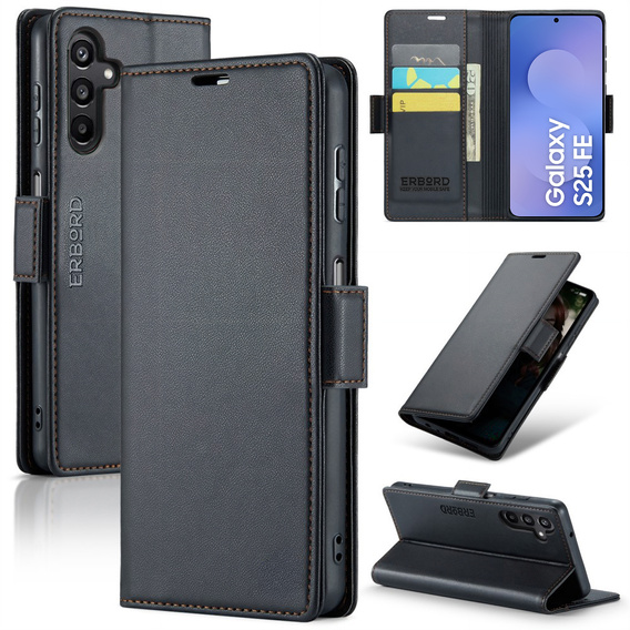 Etui do Samsung Galaxy S25 FE, ERBORD Glossy Litchi, portfel z klapką, czarne