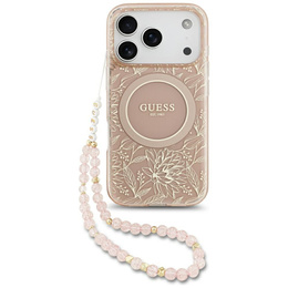 Etui GUESS do iPhone 17 Pro Max, IML Flowers Electroplated Allover With Beads Strap, do MagSafe, z paskiem, różowe