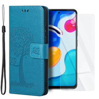 Zestaw Etui z klapką do Xiaomi Redmi Note 11/11S, Drzewo, niebieskie + szkło