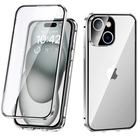 Etui do iPhone 15, Magnetic Dual Glass, srebrne