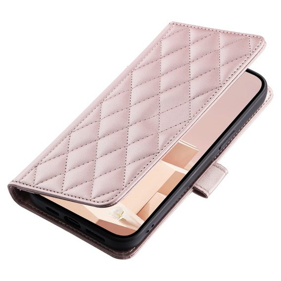 Etui z klapką do Samsung Galaxy S25, Rhombus Crossbody Leather, różowe rose gold