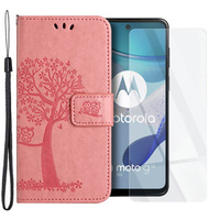 Zestaw Etui z klapką do Motorola Moto G53 / G23 / G13, Drzewo, różowe + szkło