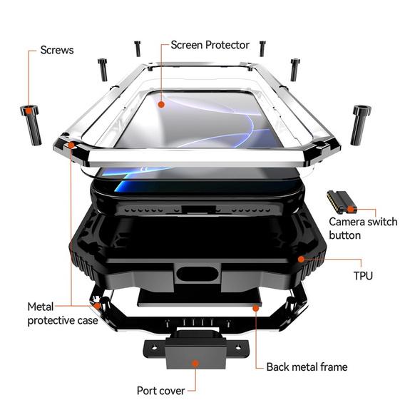 Etui pancerne do iPhone 17 Pro, R-JUST, z podstawką, srebrne