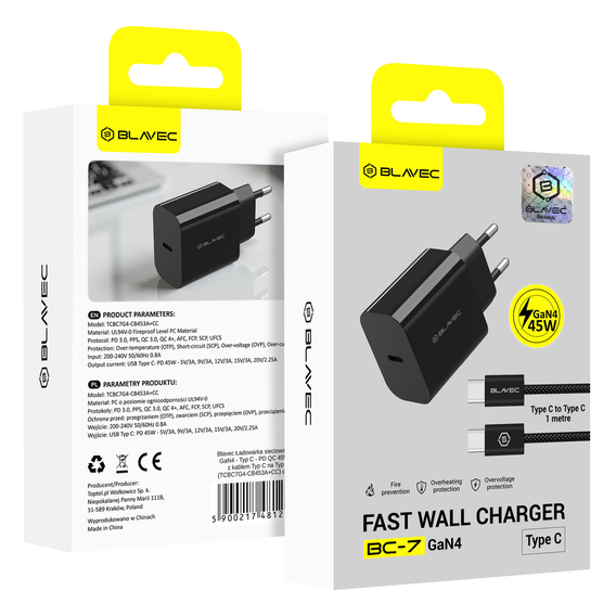 Blavec Ładowarka sieciowa GaN4 – Typ C PD/QC 45W 3A z kablem USB-C -USB-C, czarna