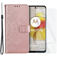 Zestaw Etui z klapką do Motorola Moto G73 5G, portfel Mandala, różowe rose gold + szkło