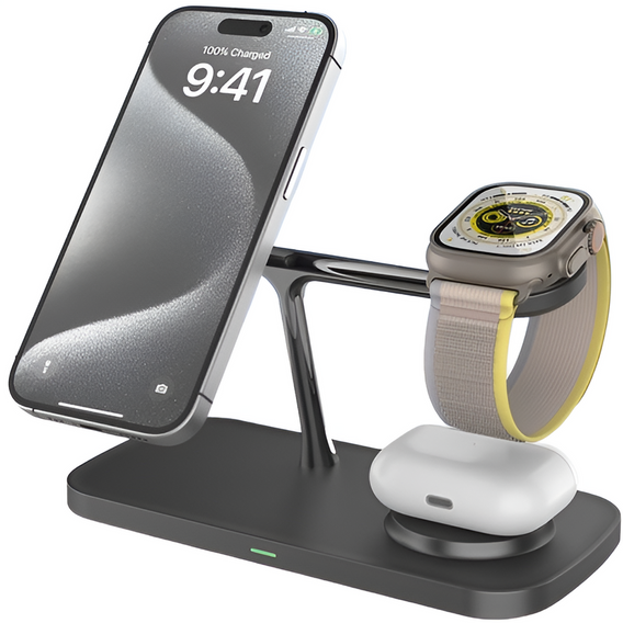 Ładowarka indukcyjna Qi2 3w1 15W do iPhone/ Apple Watch / Airpods / Galaxy / Galaxy Watch/ Galaxy Buds, czarna